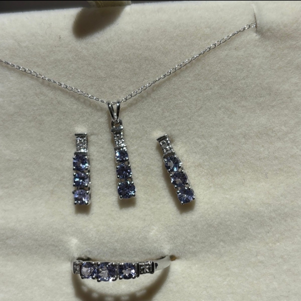 10k White Gold Tanzanite Jewelry Set. Necklace, Earrings, And Size 7 Ring